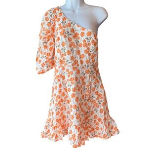 Petal + Pup One Shoulder Floral Mini‎ Dress Sz M Orange White Cotton Ruffle Hem
